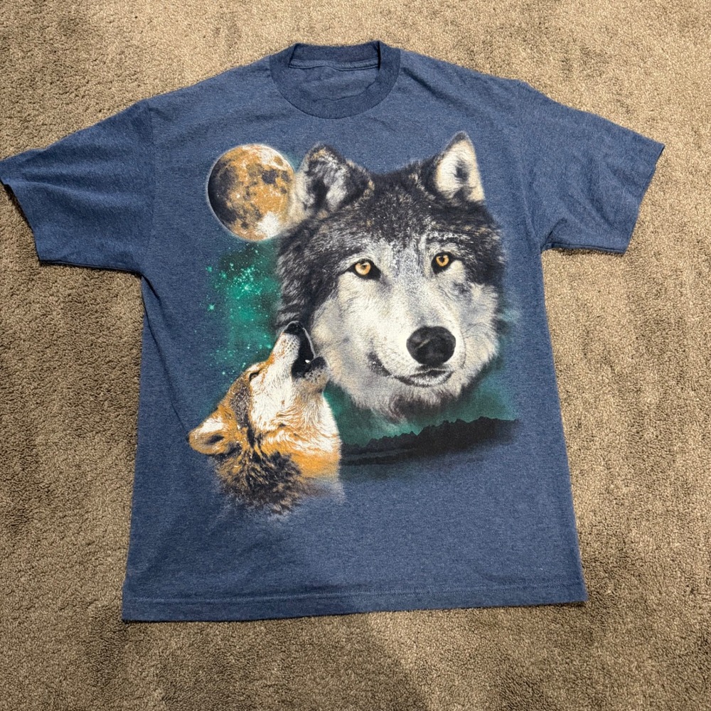 Wolf Moon Graphic T Shirt Blue‎ Men's Short Sleeve Nature Wildlife Outdoor Tee